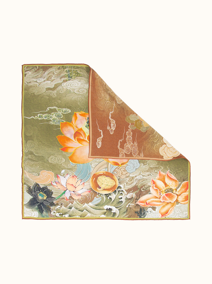 Silk scarf with lotus - oriental pattern 65x65 cm image 1
